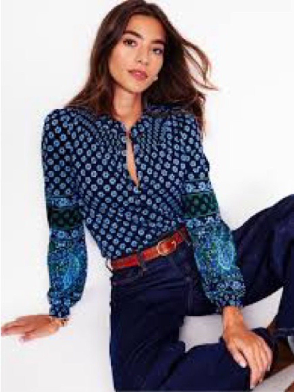 Boden Fay Smocked Jersey Shirt Blue and Green Paisley Print Long Sleeves Boho 8